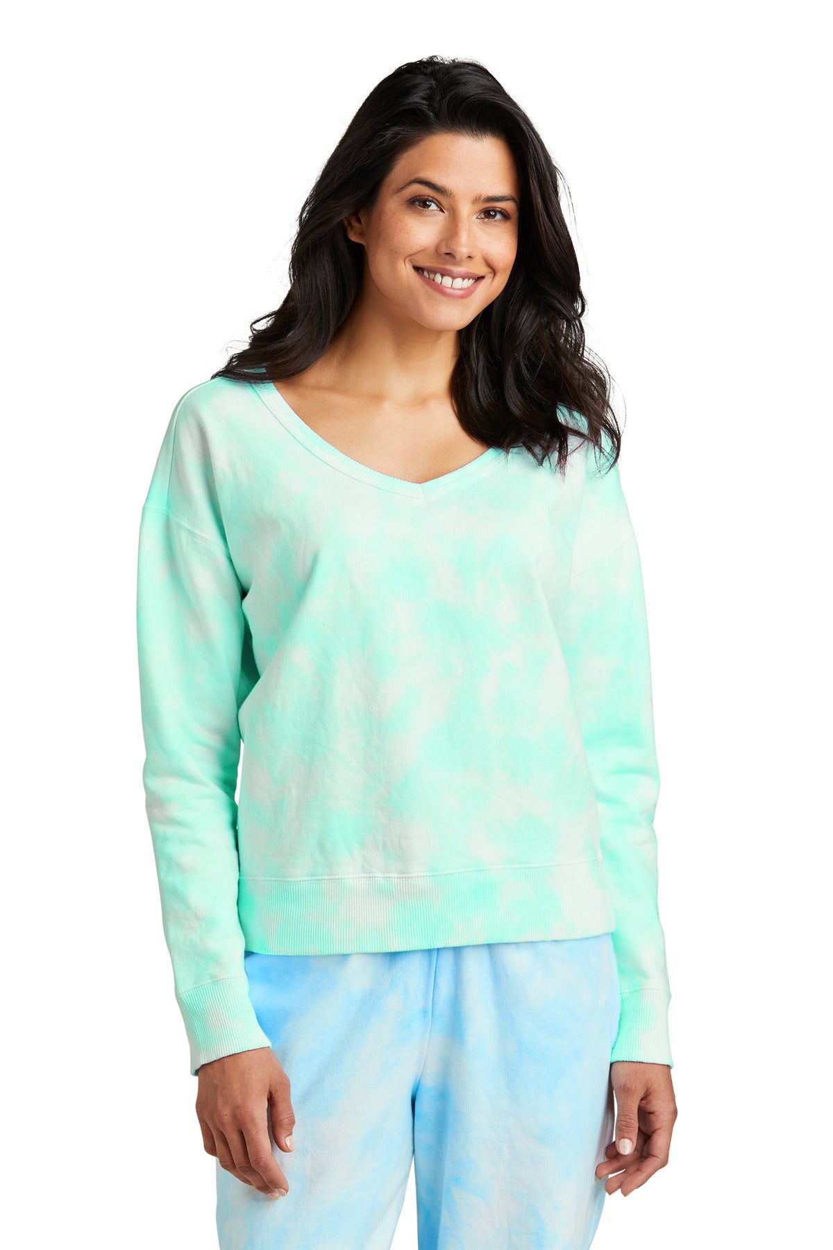 Port &amp; Company® Women&#39;s Beach Wash® Cloud Tie-Dye V-Neck Sweatshirt LPC140V