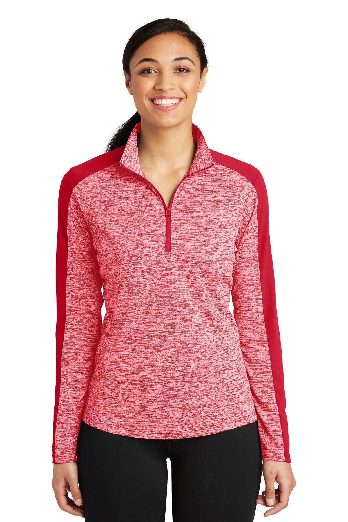 Sport-Tek® Women&#39;s PosiCharge® Electric Heather Colorblock 1/4-Zip Pullover. LST397