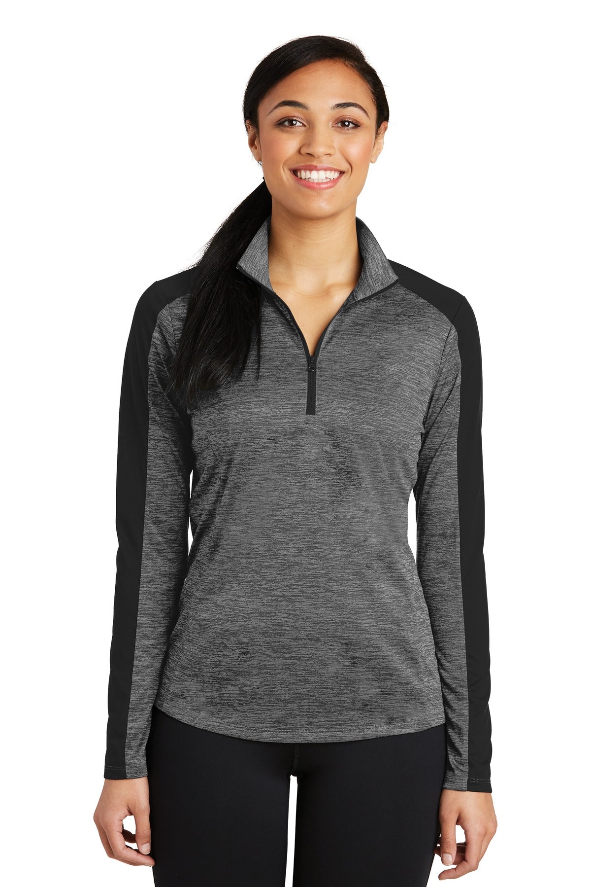 Sport-Tek® Women&#39;s PosiCharge® Electric Heather Colorblock 1/4-Zip Pullover. LST397