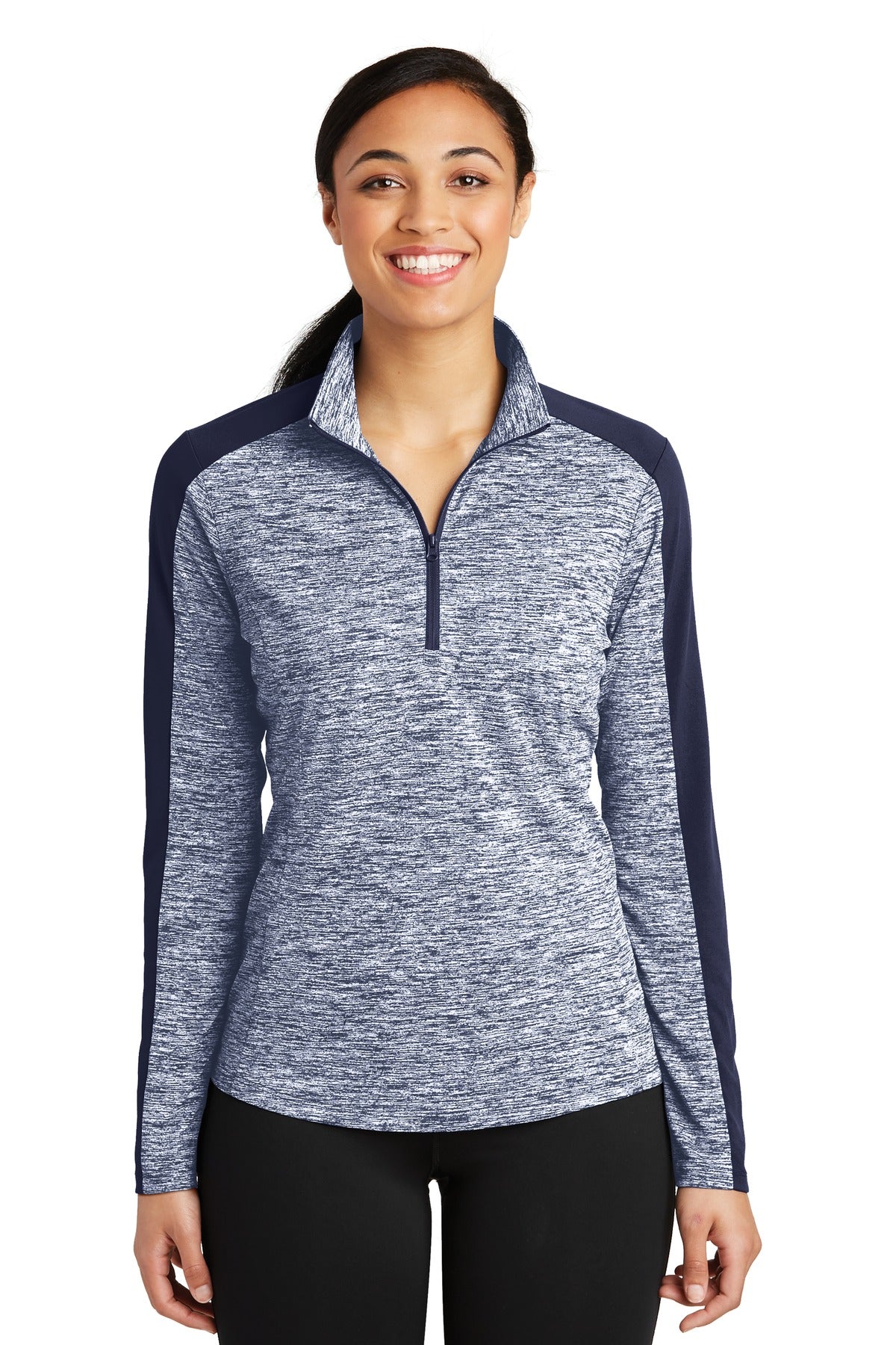 Sport-Tek® Women&#39;s PosiCharge® Electric Heather Colorblock 1/4-Zip Pullover. LST397
