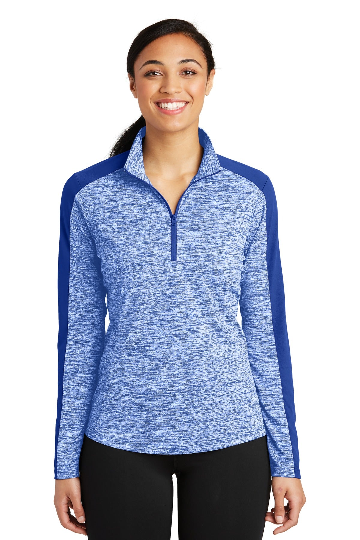 Sport-Tek® Women&#39;s PosiCharge® Electric Heather Colorblock 1/4-Zip Pullover. LST397