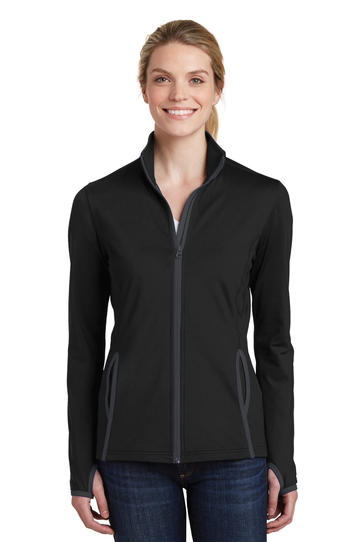 Sport-Tek® Women&#39;s Sport-Wick® Stretch Contrast Full-Zip Jacket.  LST853
