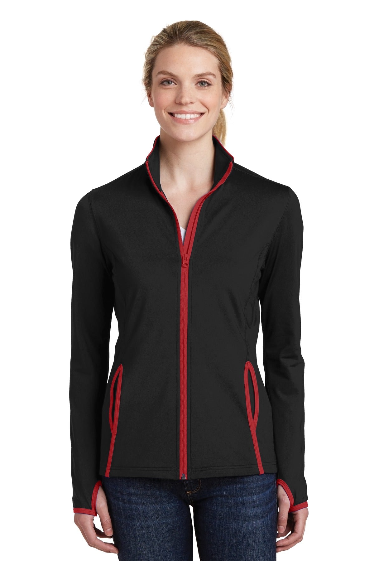Sport-Tek® Women&#39;s Sport-Wick® Stretch Contrast Full-Zip Jacket.  LST853